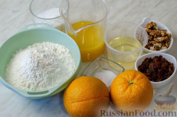 Постный апельсиновый пирог с изюмом и орехами, на соке и растительном масле